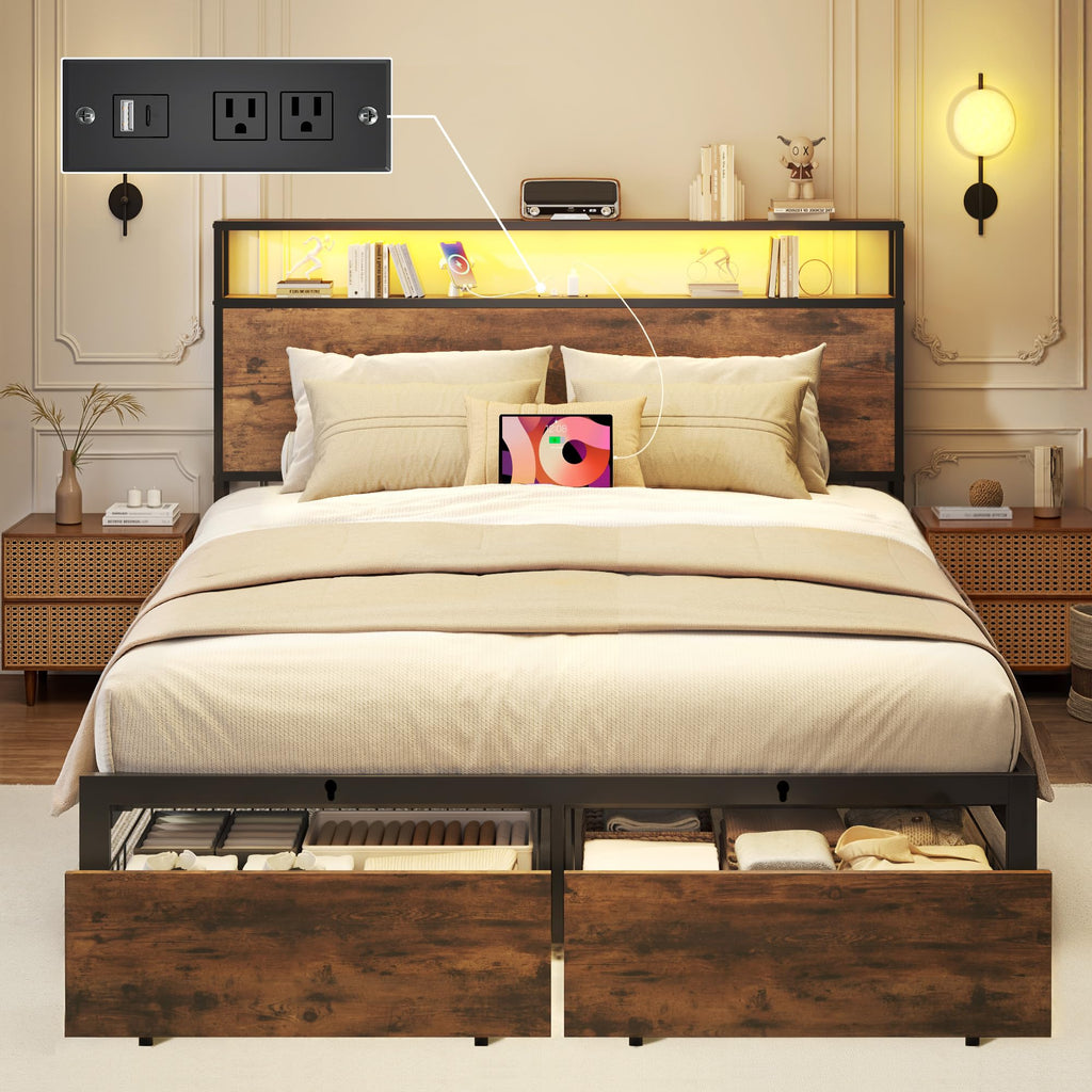 Queen Bed Frame with Charging Station, LED Lights, 2 Drawers, Rustic Grey