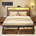 Queen Bed Frame with Charging Station, LED Lights, 2 Drawers, Rustic Grey
