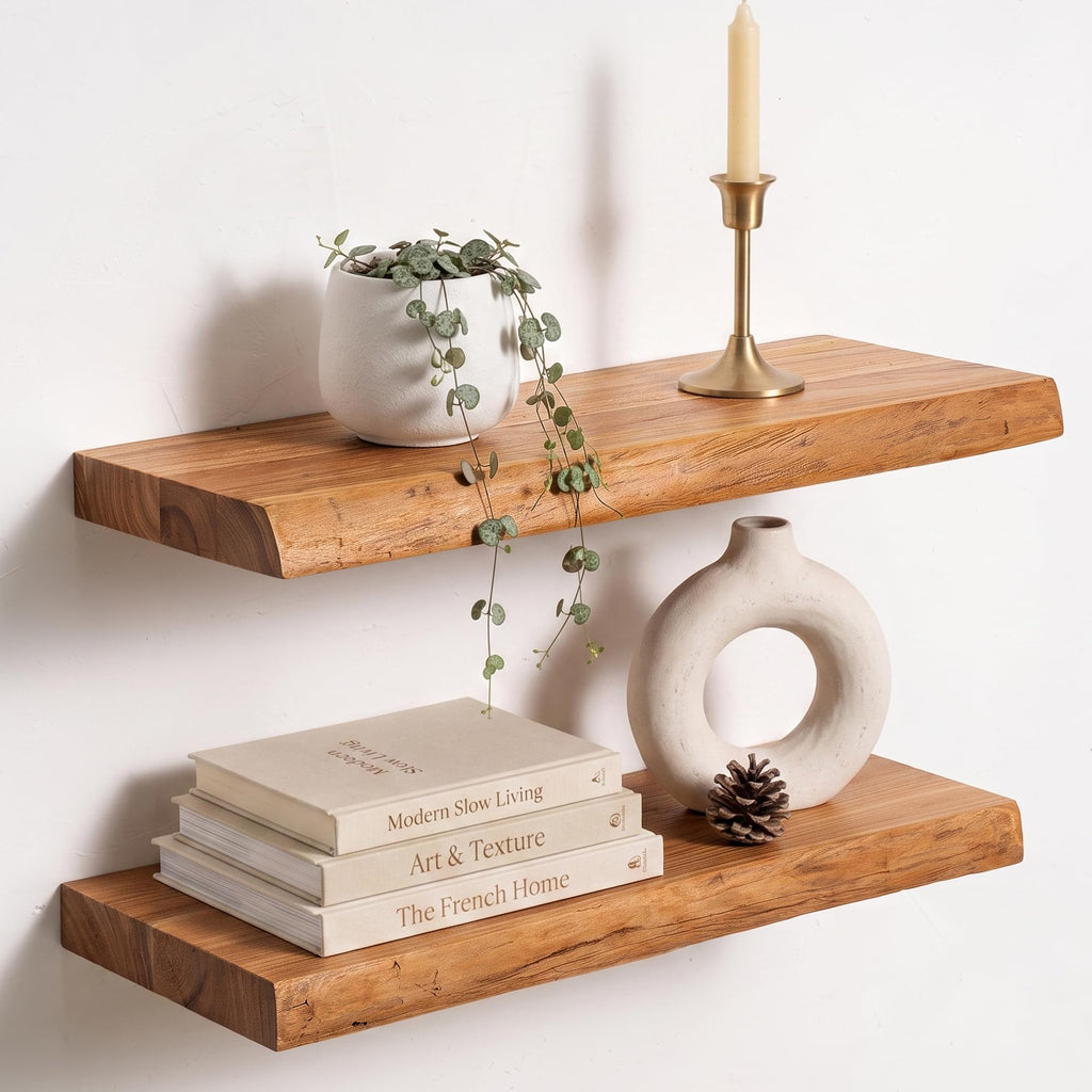 Live Edge Elm Floating Shelves - 24 In Rustic Solid Wood Shelves with Heavy-Duty Invisible Bracket, Wall-Mounted Wooden Shelf for Living Room, Bathroom, Kitchen Storage & Display, Set of 2, Natural