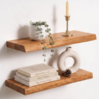 Live Edge Elm Floating Shelves - 24 In Rustic Solid Wood Shelves with Heavy-Duty Invisible Bracket, Wall-Mounted Wooden Shelf for Living Room, Bathroom, Kitchen Storage & Display, Set of 2, Natural