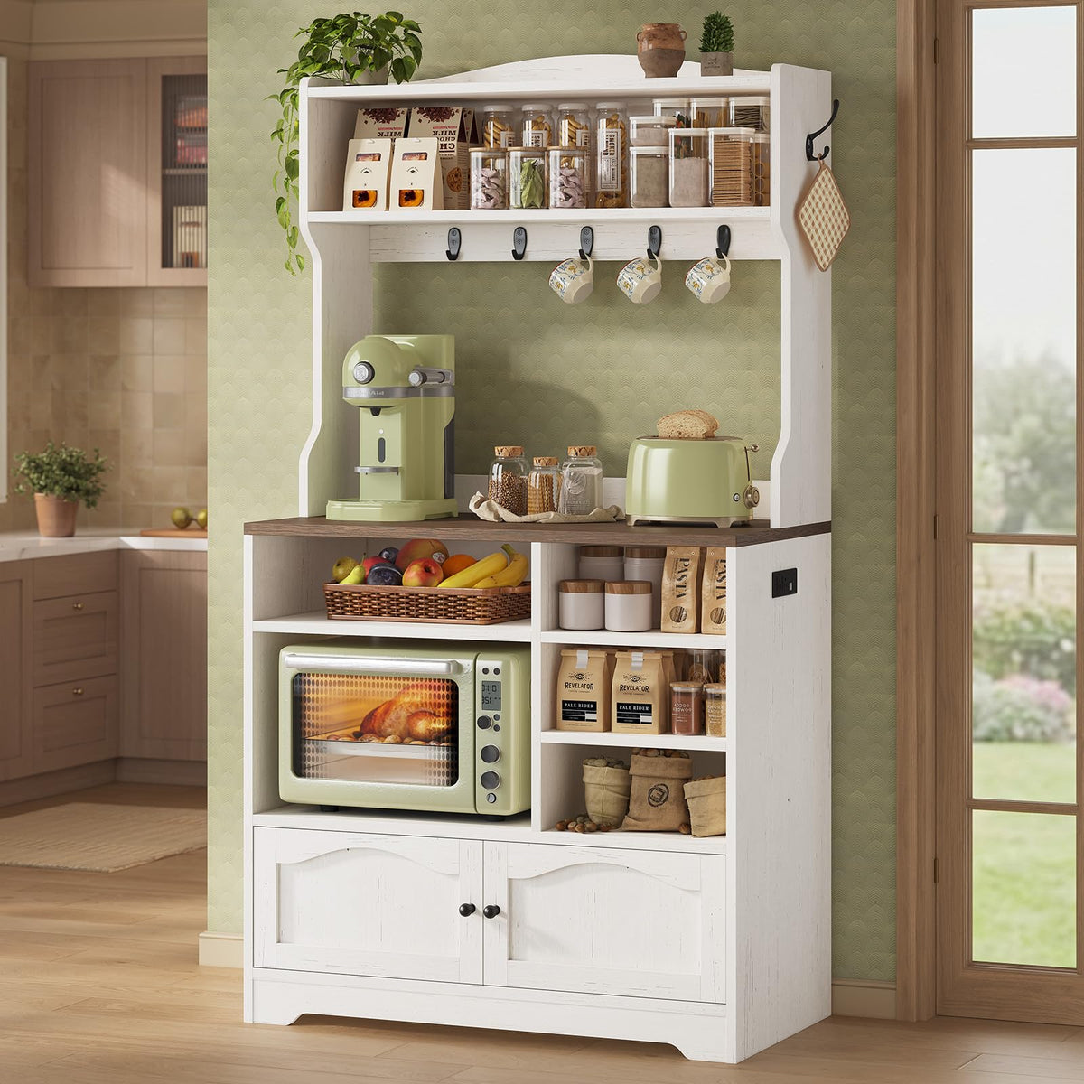 Bakers Rack with Storage and Power Outlet, 31.5 inch Farmhouse Coffee Bar Cabinet, Microwave Stand with Storage Cabinet, 7 Hooks and Curved Design for Kitchen, Coffee Bar, Walnut, White