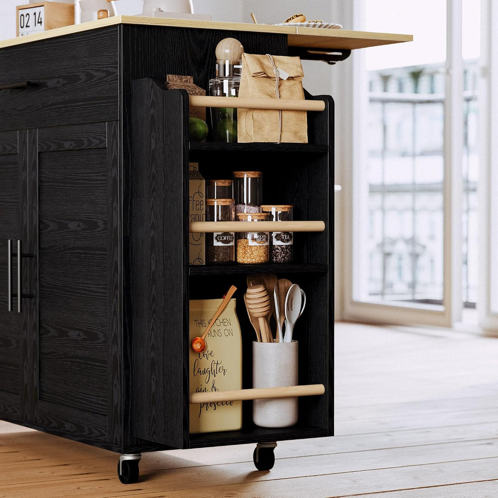 IRONCK Kitchen Island with Storage, Charging Station and Drop Leaf, Black