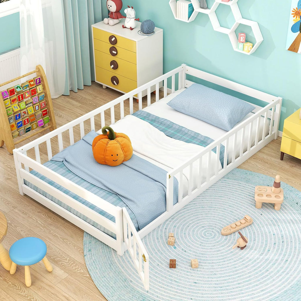GIANTEX Twin Floor Bed with Fence for Kids, Wooden Montessori Bed Frame with Lockable Door & Guardrails, Low Floor Beds for Kids, Boys, Girls, No Box Spring Needed, Without Wood Slats, White