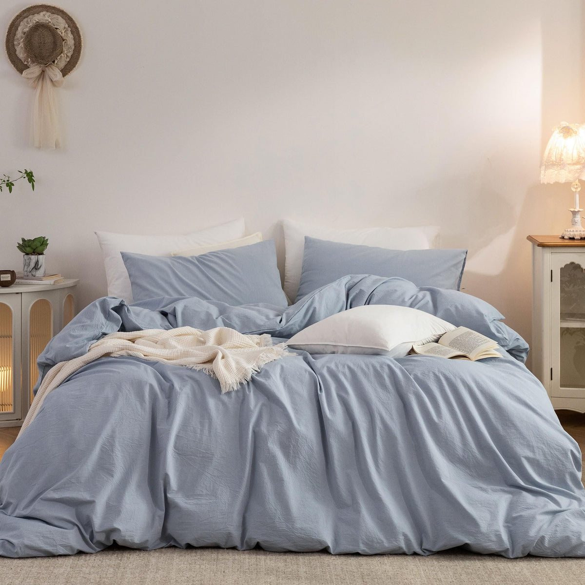 Duvet Cover Set Washed Cotton Embroidered Hem King 3‑Pcs