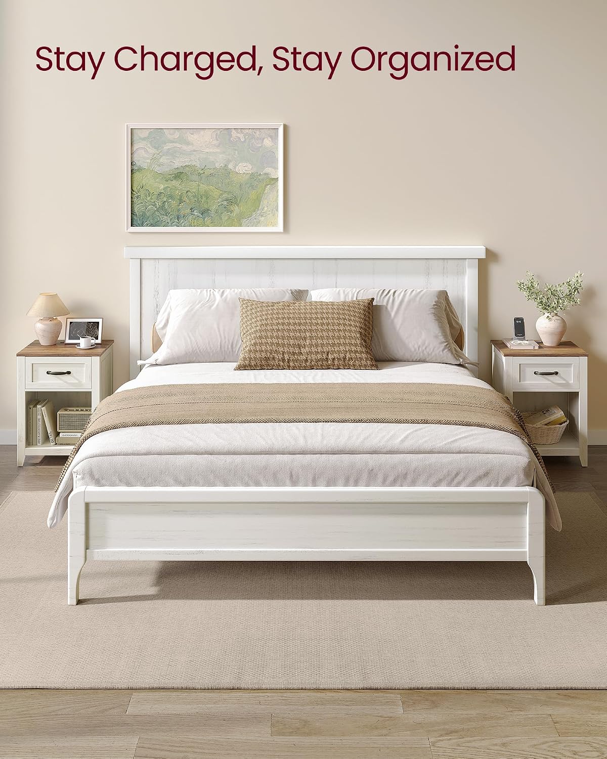 VASAGLE Farmhouse Nightstands with Charging Station, 1 Drawer, Set of 2