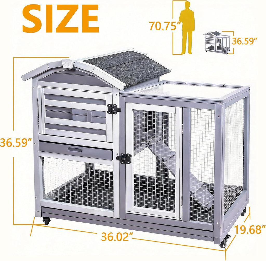 GEGURI Wooden Rabbit Hutch, Indoor Outdoor Chicken Coop Bunny Cage with Waterproof Roof