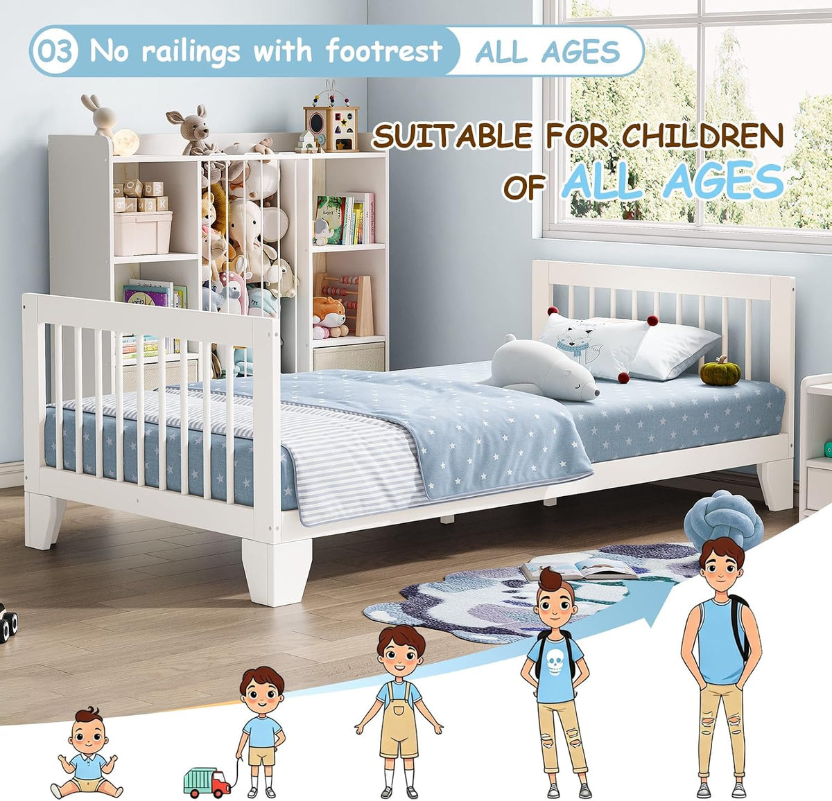 Montessori Toddler Bed, Variable Twin Floor Bed Frame with Removable Guardrails and Legs, Low Wooden Kids Bed with 12 Slats and Supporting keel, Crib-to-Bed Transition for Bedroom or Nursery, White