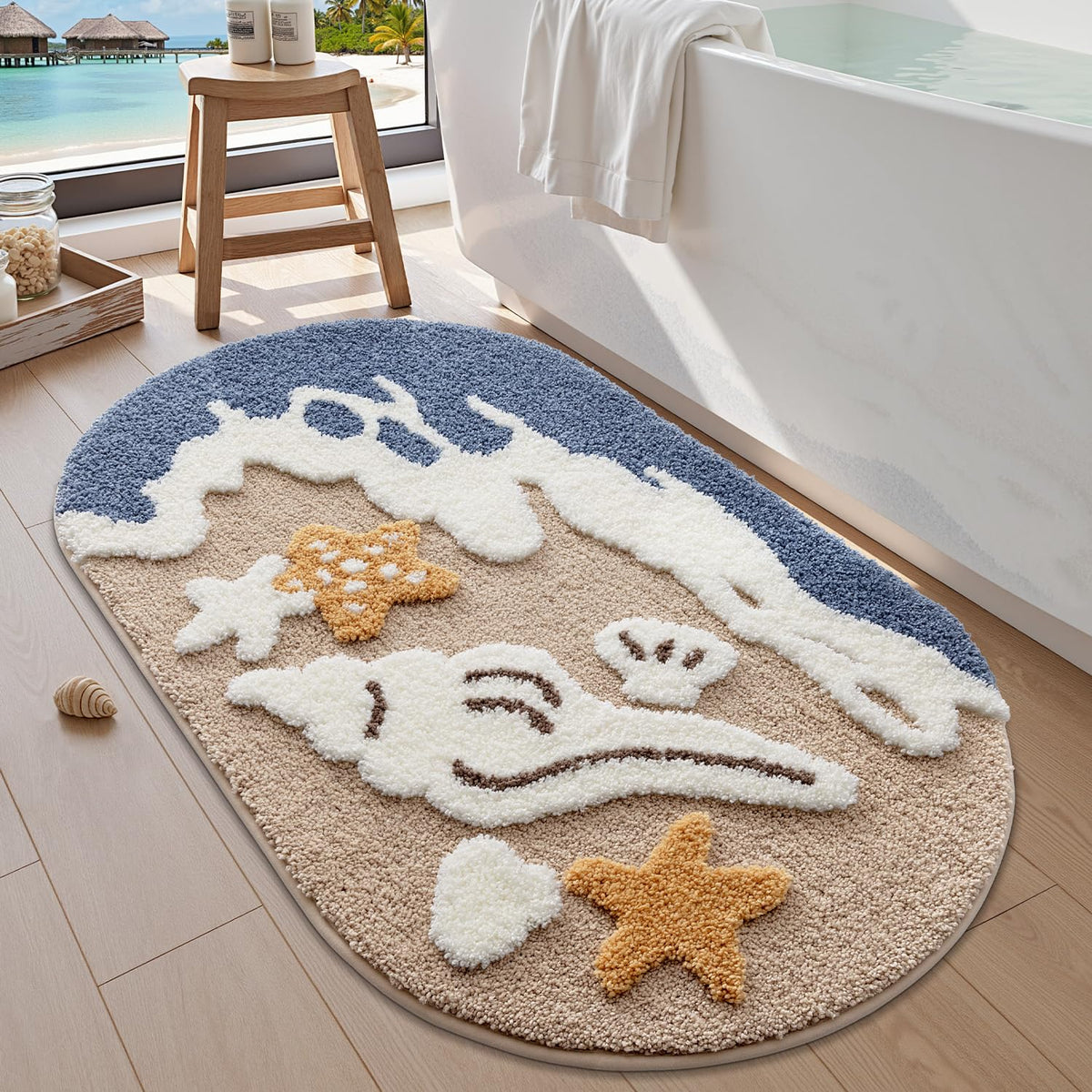 LUMI Beach Bathroom Rug Oval Soft Microfiber Absorbent Bath Mat 30x60