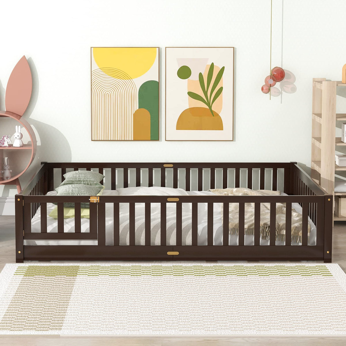 i-POOK Twin Floor Bed for Children, Sturdy Wood Montessori Bed Frame with Wood Slats, High Fence & Small Door, Montessori Floor Bed for Girls and Boys, White