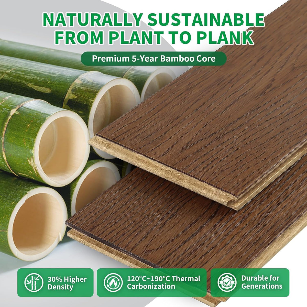 Solid Bamboo Flooring, 40.15" L x 5.11" W x 0.6" T, Warm Brown Oak Grain, Tongue & Groove Waterproof Planks, 14 Planks (Covers 20 Sq Ft)