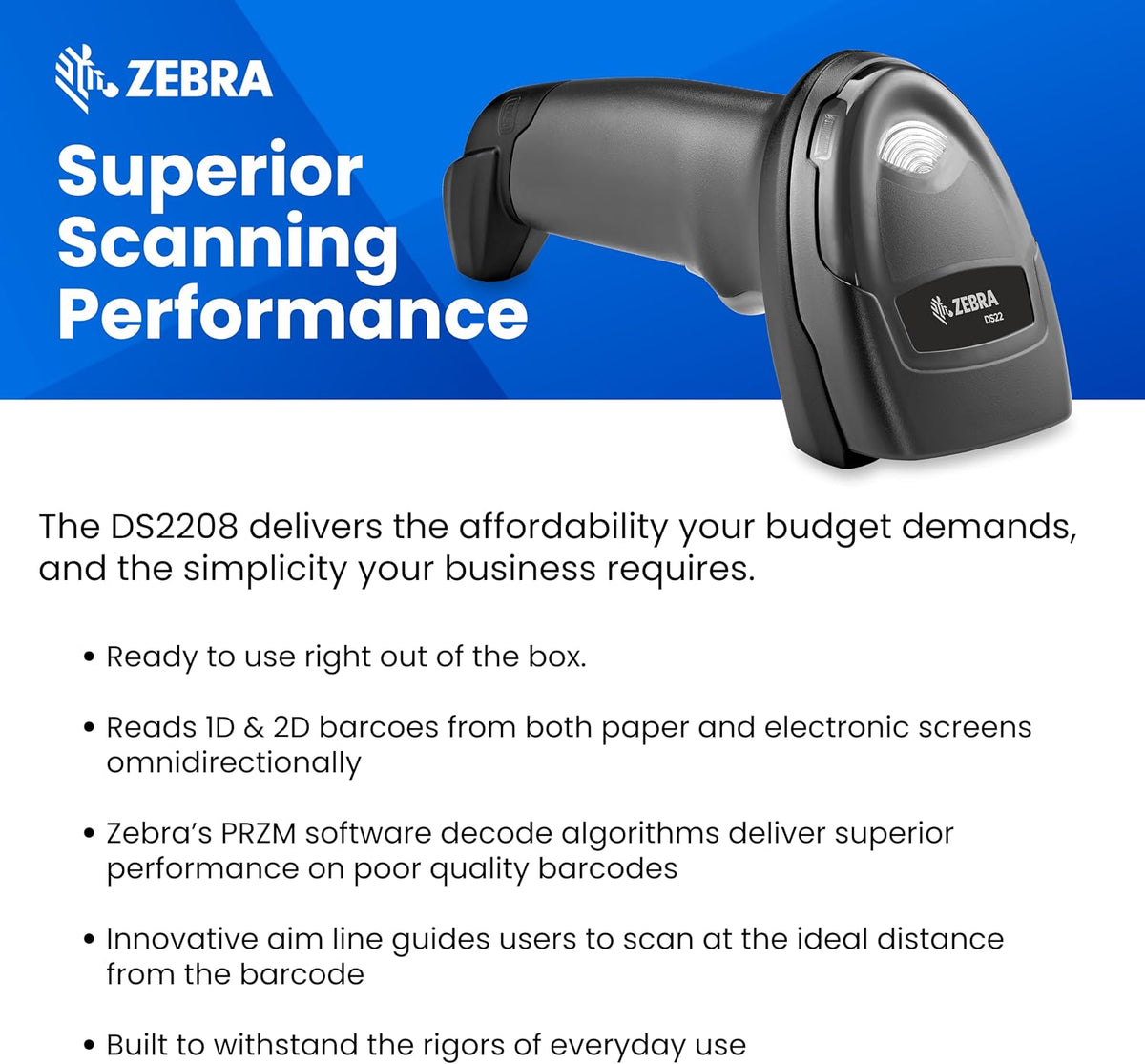 Zebra DS2208 Handheld Barcode Scanner w/ Stand | 1D 2D QR Code Scanner | Easy Setup | Corded with Shielded USB Cable (Renewed)