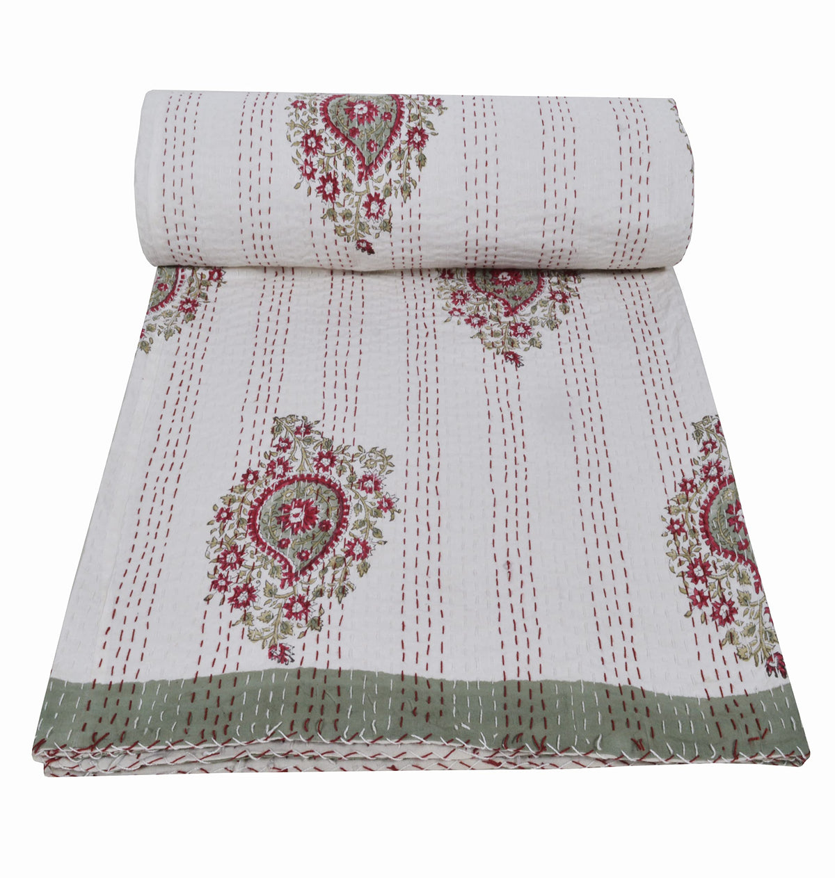 YUVANCRAFTS Indian Hand Block Print Kantha Quilt Queen Size Bedspread Blanket Cotton Bed Cover Vintage Boho Floral Print (Queen 90 X 108 Inch, White 3)