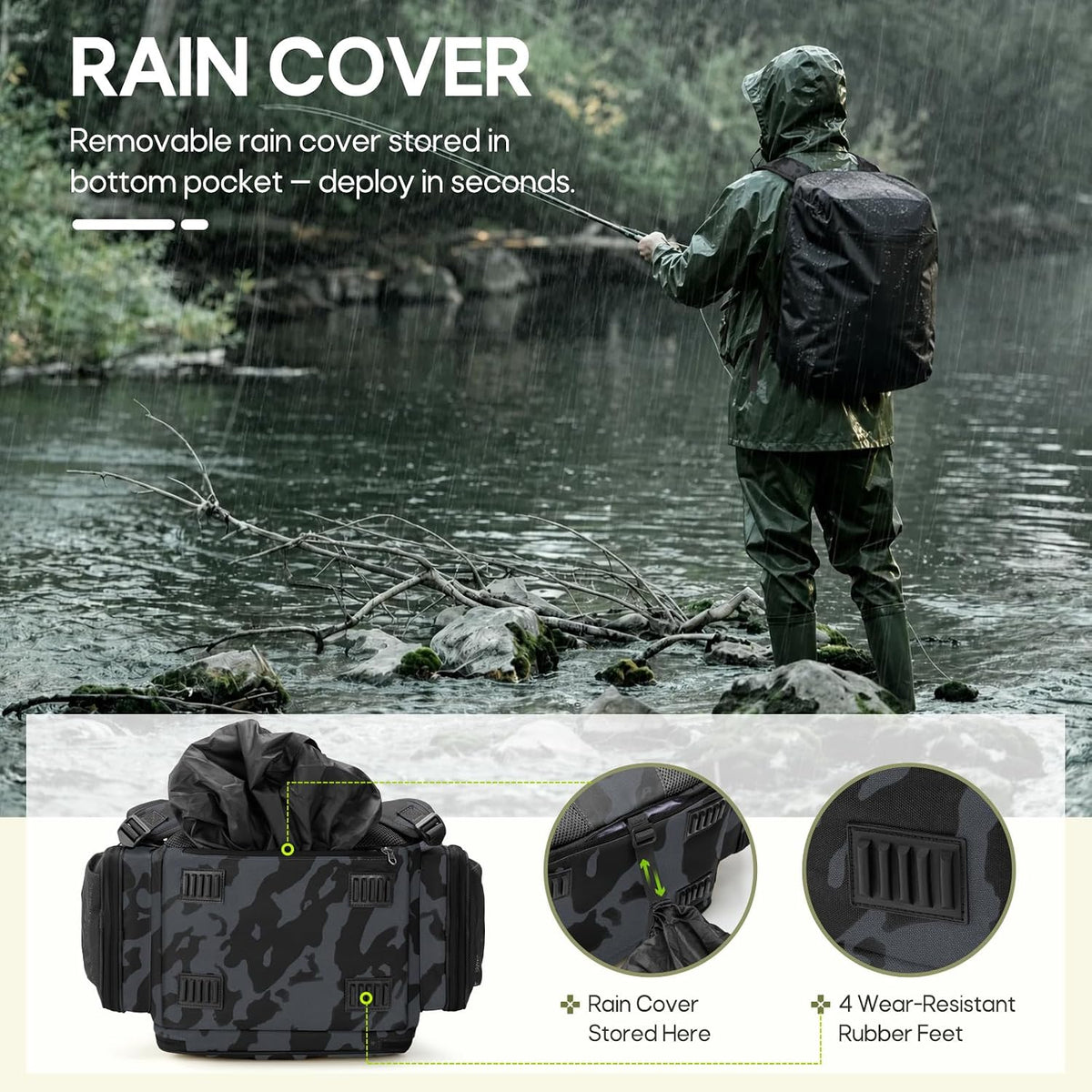 RAINSMORE Fishing Backpack, 45L Large Water-resistant Fishing Tackle Bag