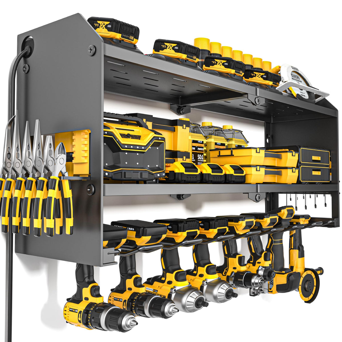 YYR Power Tool Organizer with Charging Station Wall Mount, Cordless Drill and Battery Holder for Garage Organization, Electric Tools Storage Rack Build in Surge Protection Power Strip - Red Shelf