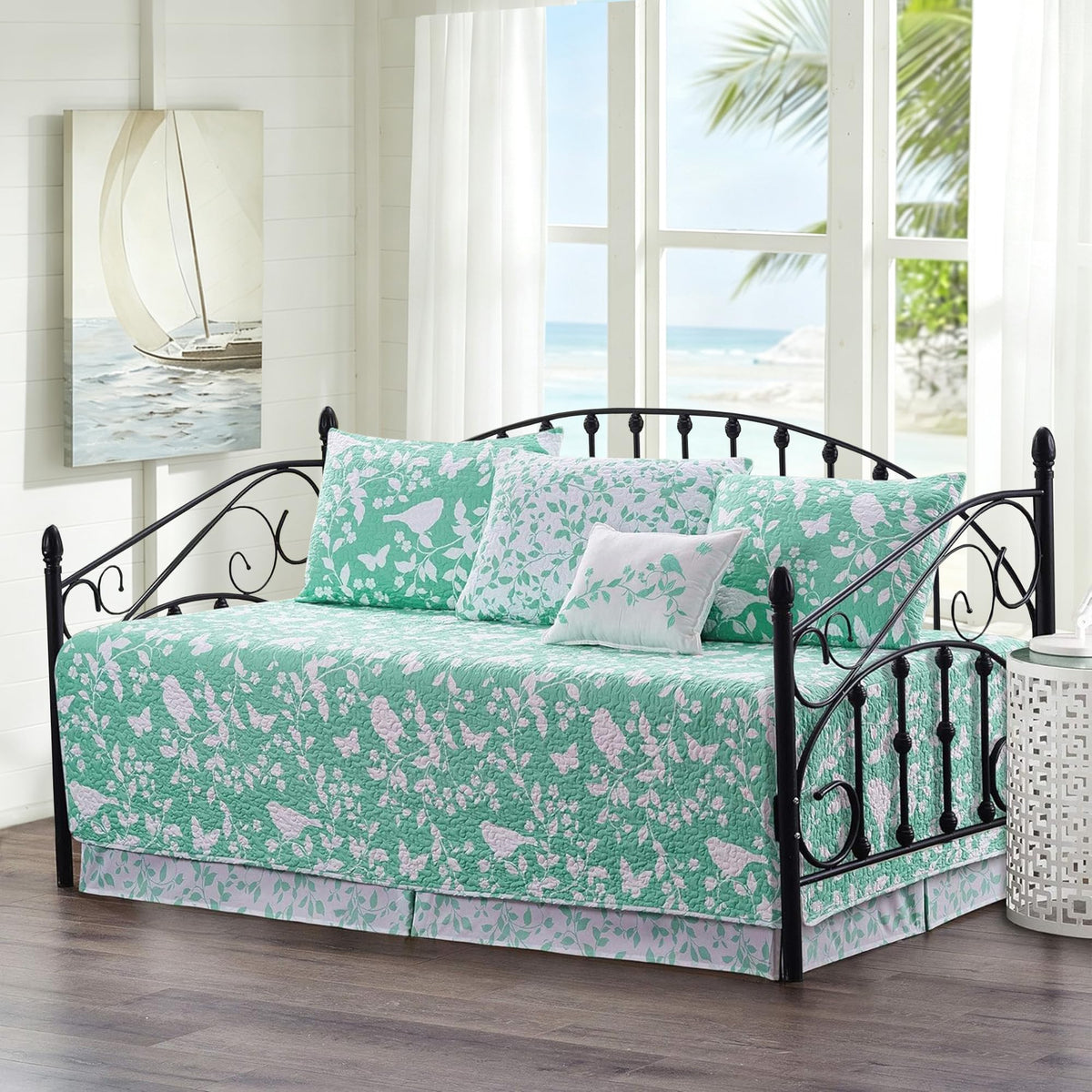 HESTIN 4Pcs Sky Blue Scallop Daybed Cover Set 75"x39" Petunia Embroidery