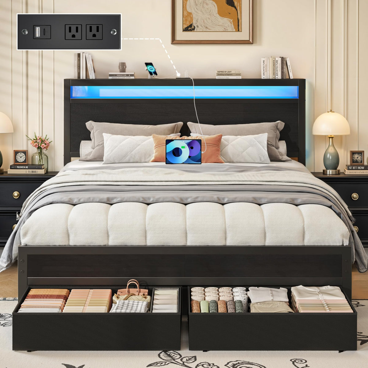 Fluest Twin Bed Frame,Twin Bed Frame with Storage Headboard & Storage Drawer, Charging Station & LED Light, No Box Spring Needed, Noise Free, Easy Assembly, Classic Black