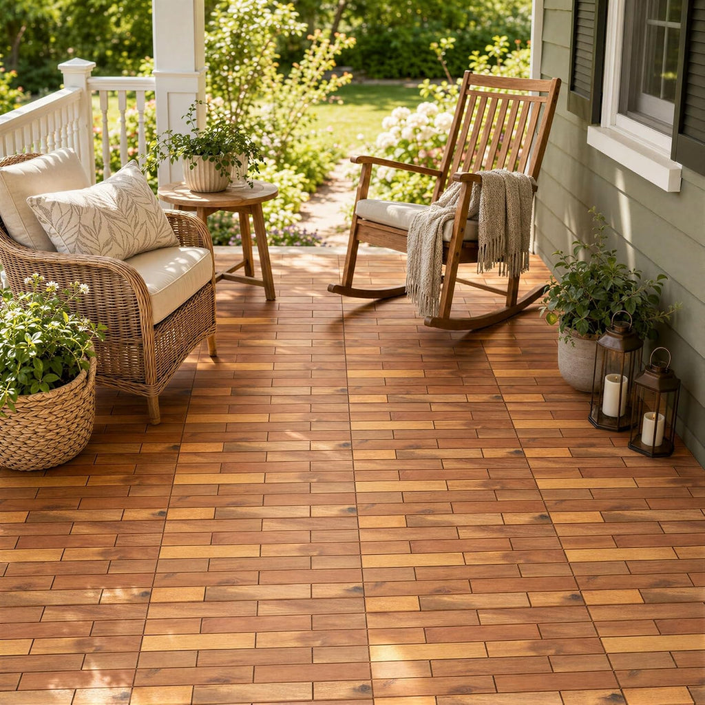 Goplus 12-Pack Acacia Wood Interlocking Deck Tiles (12 PCS,Brick)