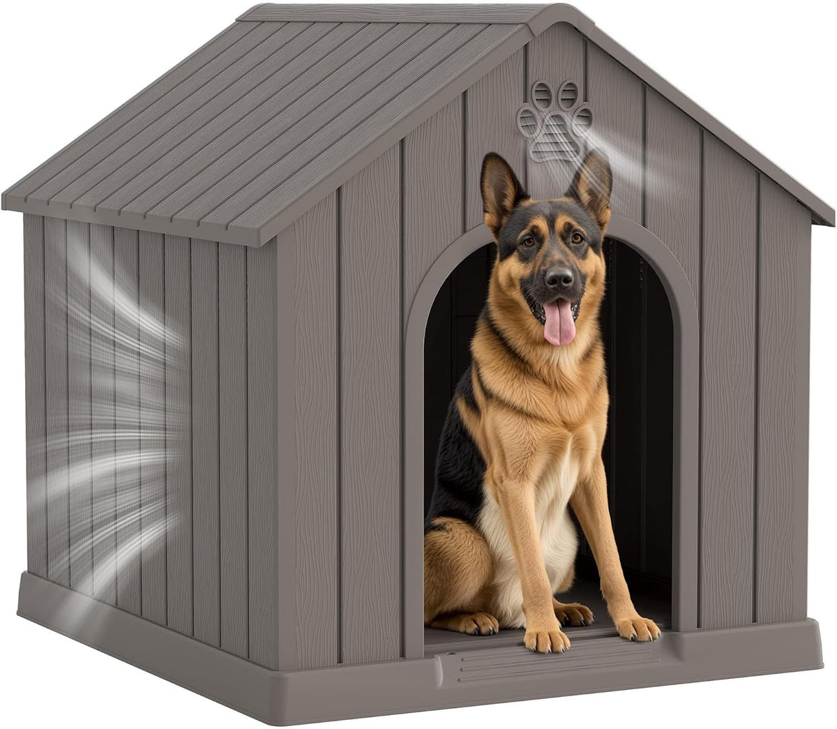 Fancyango Large Dog House Outdoor Indoor for Medium Large Dogs, Sturdy Plastic Waterproof Doghouse with Air Vents and Elevated Floor, Easy Clean and Assemble (Grey, 36.2''L×38''W×38''H)