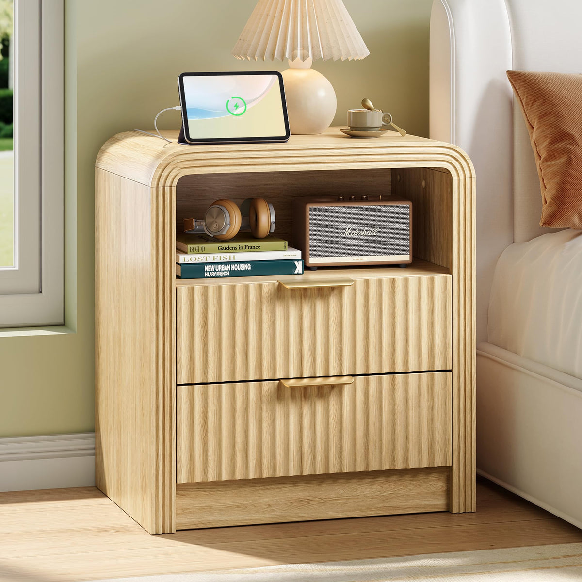Decofy Fluted Nightstand Set of 2 with Charging Station, 2 Drawers, Oak