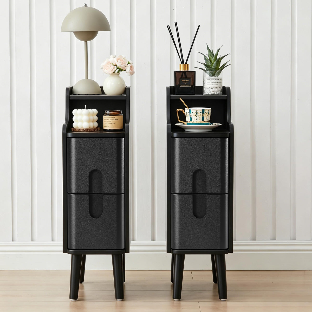 Narrow Nightstand Set of 2, Wood 2 Drawer Small Nightstand, Slim Side Table, Modern Skinny End Bedside Table, Natural Wood Night Stand with Drawers for Bedroom (Walnut-2 pcs)