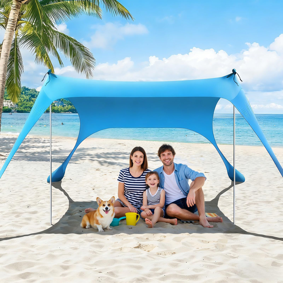 Rhino Valley 10 x 10 FT Beach Tent UPF50+ with 8 Sandbags 4 Poles, Sky Blue