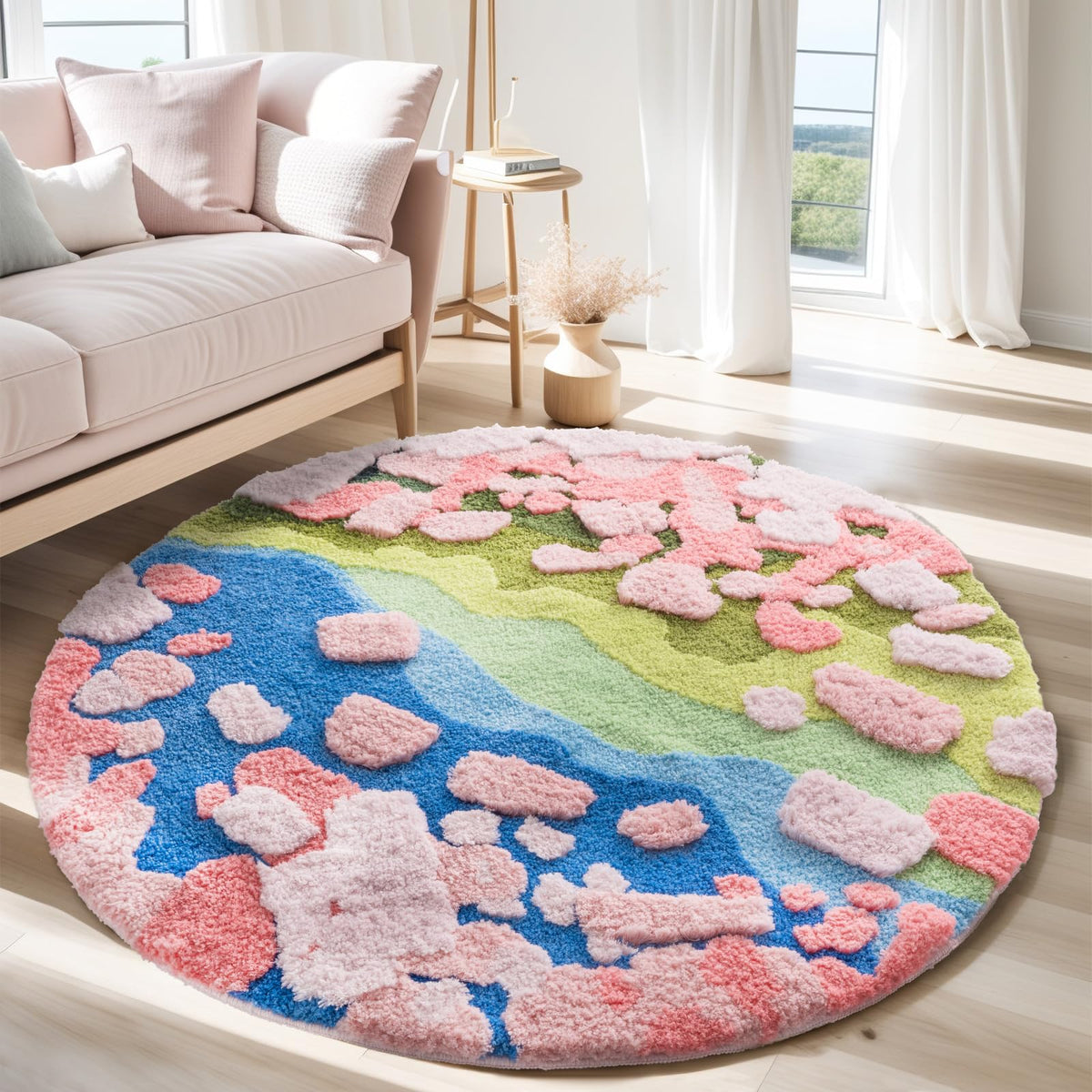 YIHOUSE 4ft Moss Round Area Rug 3D Cute Green Grass Rugs for Bedroom Machine Washable Non-Slip Boho Circle Rug Soft Fluffy Carpet for Living Room Bathroom Nursery Room, Pond