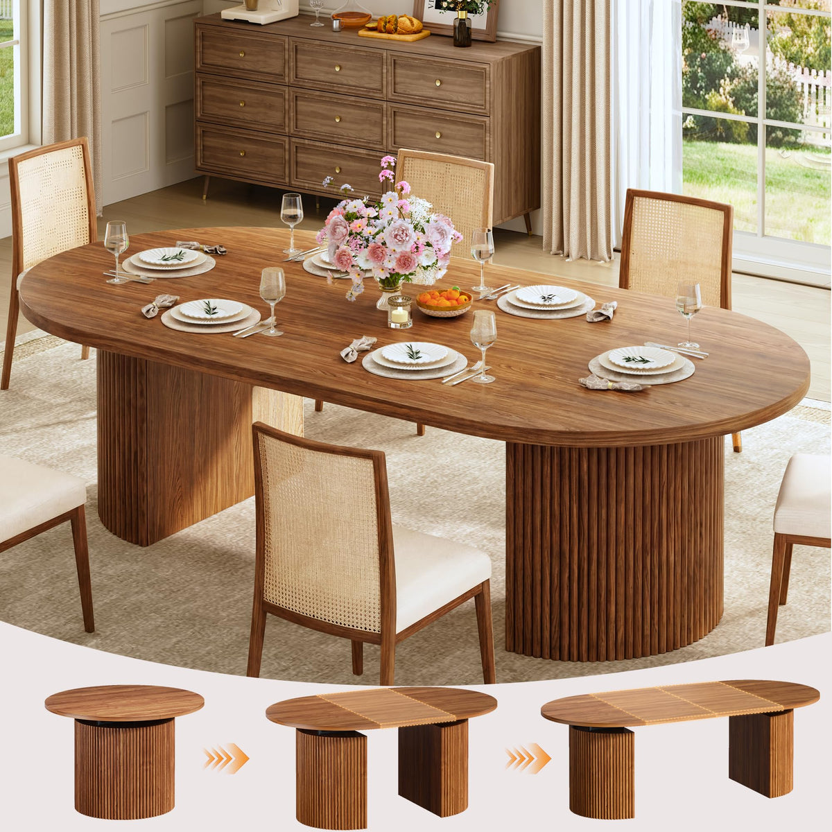 HUAHUU 47.2" Round Dining Table for 4-6, Modern Kitchen Table with 4 Drawers and 2-Tier Storage Shelf, Wooden Circle Dining Tables with Fluted Base & Sliding Door for Home Kitchen Living Room, Natural