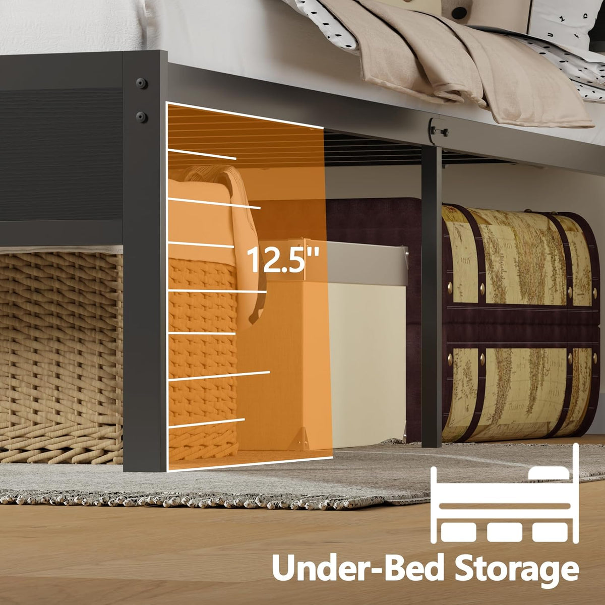 Furnulem Full Size Bed Frame, Storage Headboard, LED & Charger, Black Oak