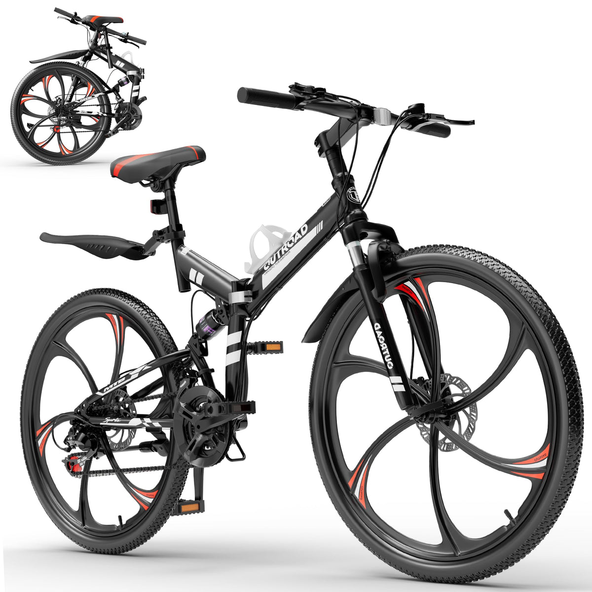 Bonusall 26 Inch Folding Mountain Bike, 21-Speed Full Suspension Foldable Bicycle for Adults, High-Carbon Steel Portable MTB with Dual Disc Brakes, Non-Slip Commuter Bike for Men & Women