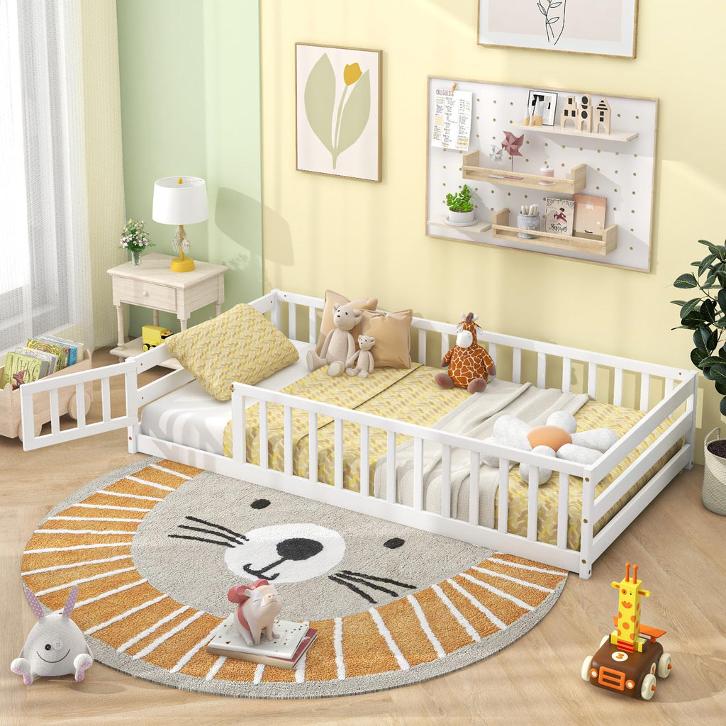 GIANTEX Twin Floor Bed with Fence for Kids, Wooden Montessori Bed Frame with Lockable Door & Guardrails, Low Floor Beds for Kids, Boys, Girls, No Box Spring Needed, Without Wood Slats, White