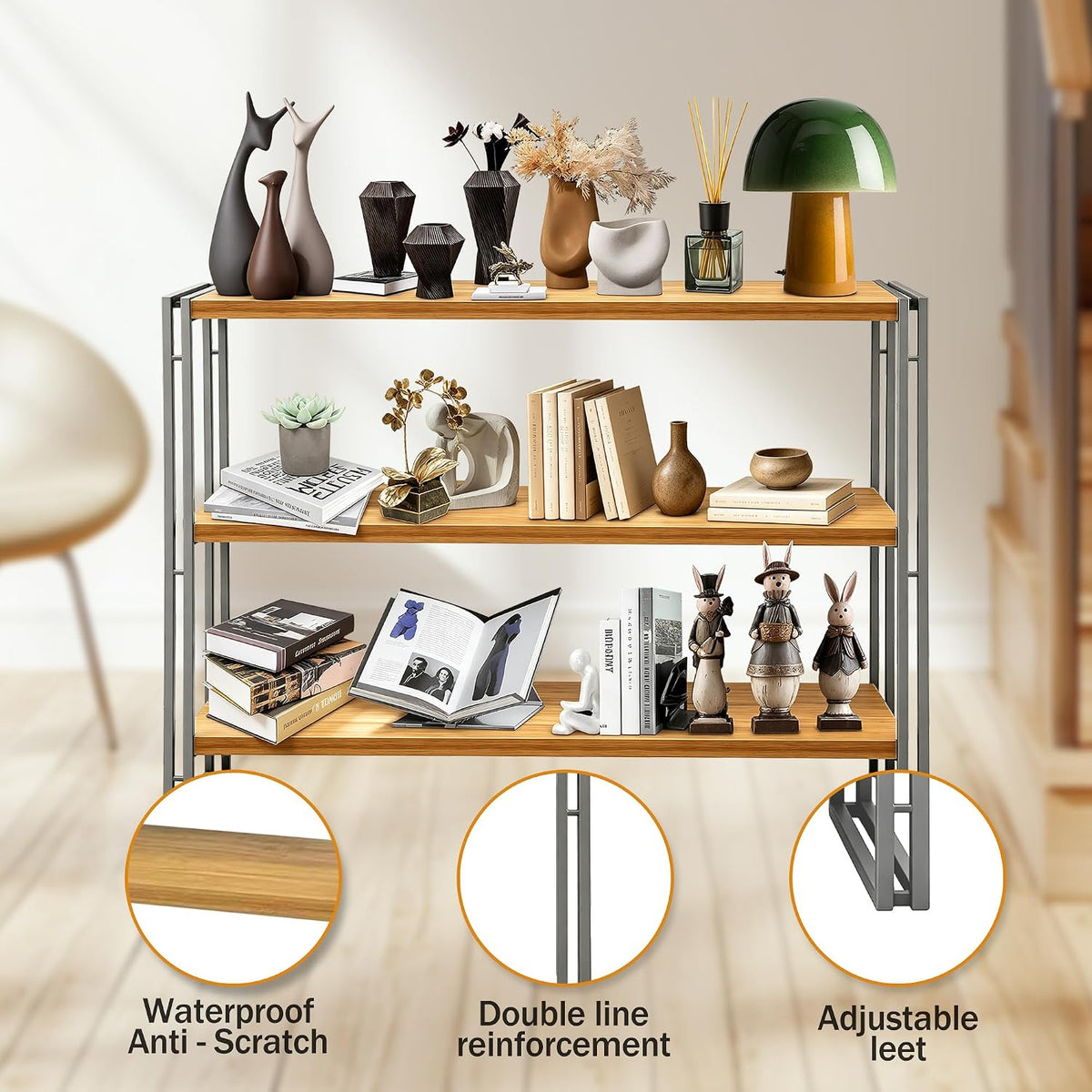 J.M.Deco 3-Tier Industrial Ladder Shelf, 44" Rustic Wood and Metal Open Bookshelf, Heavy Duty Wall Mounted Bookcase Shelving Unit for Small Space, Living Room, Bedroom, Home Office