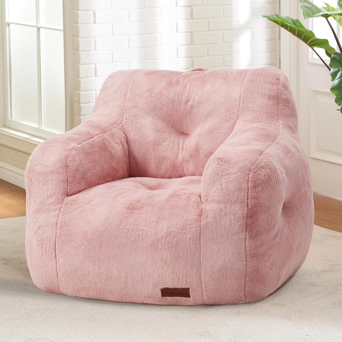 Hobestluk Furry Bean Bag Chair with Arms, Foam Filler for Adult, Pink