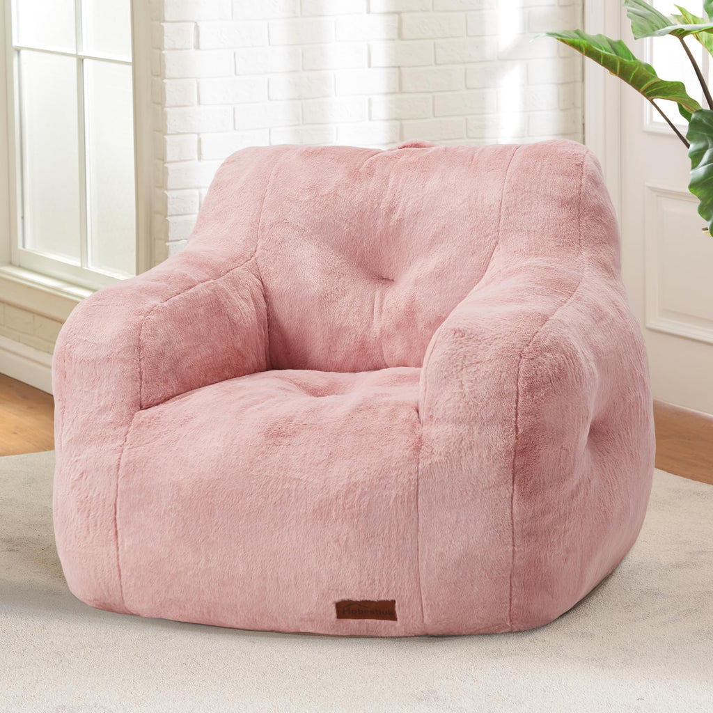 Hobestluk Furry Bean Bag Chair with Arms, Foam Filler for Adult, Pink