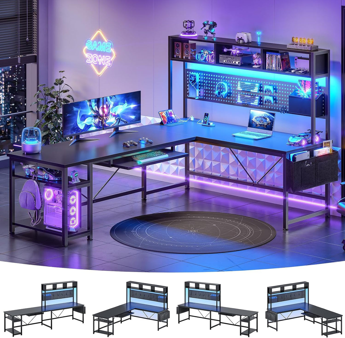 SEDETA 67" L Shaped Gaming Desk with Pegboard LED Lights and Power Outlet