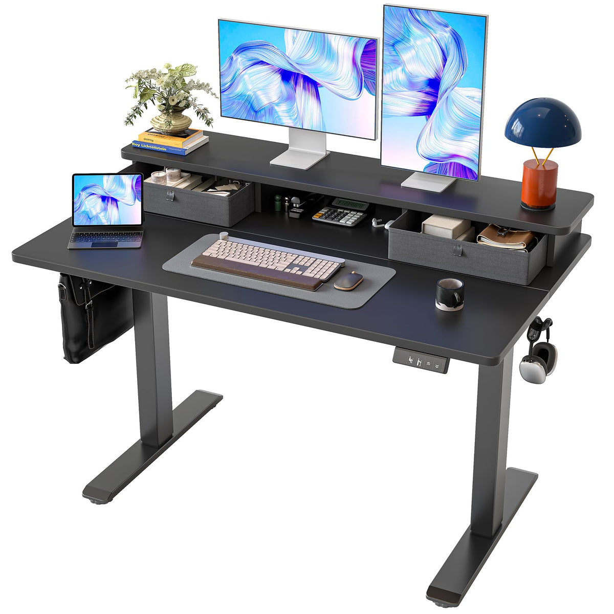 TIQLAB Standing Desk with Two Drawers, Stand Up Standing Desk Adjustable Height, Electric Sit Stand Table with Storage Shelf and Splice Board, with LED Light, 55 * 28 inch, Maple
