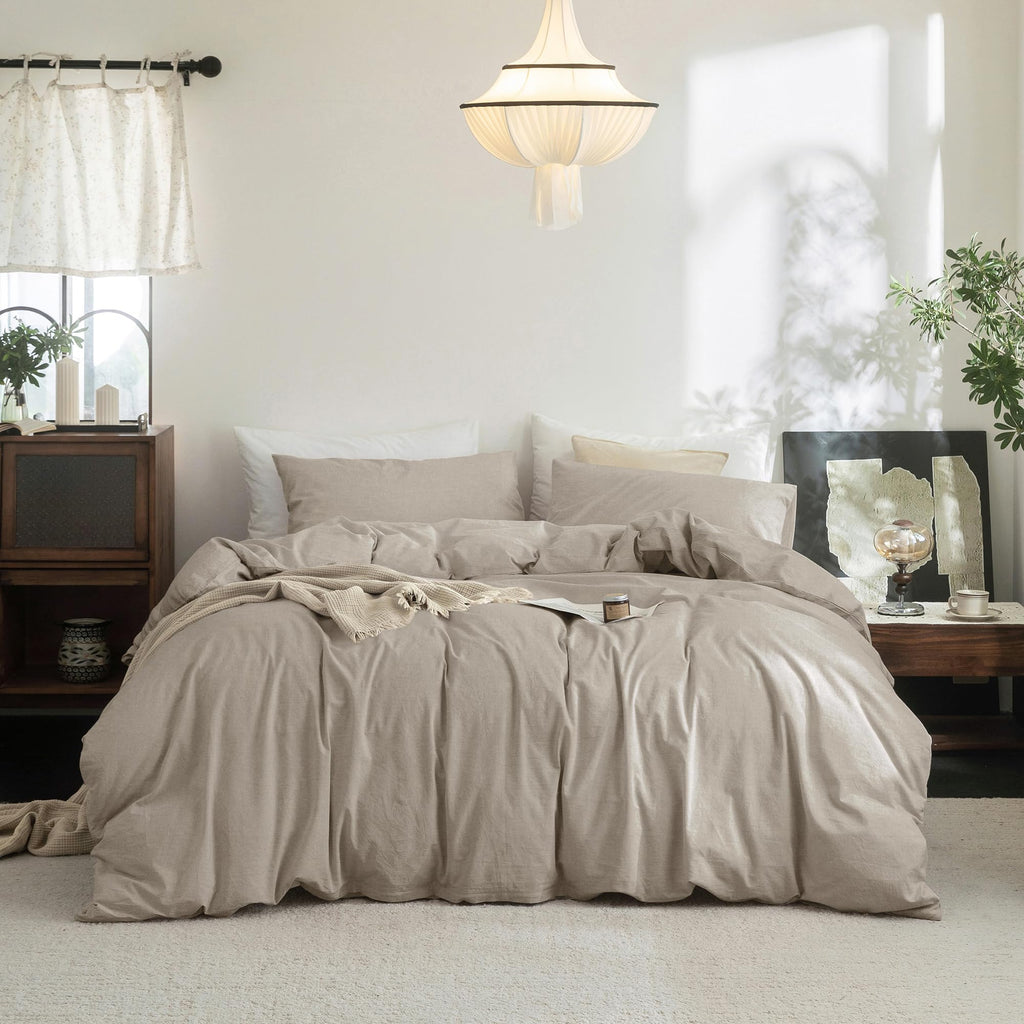 FOSSA Duvet Cover Set 100% Washed Cotton Linen Feel Queen