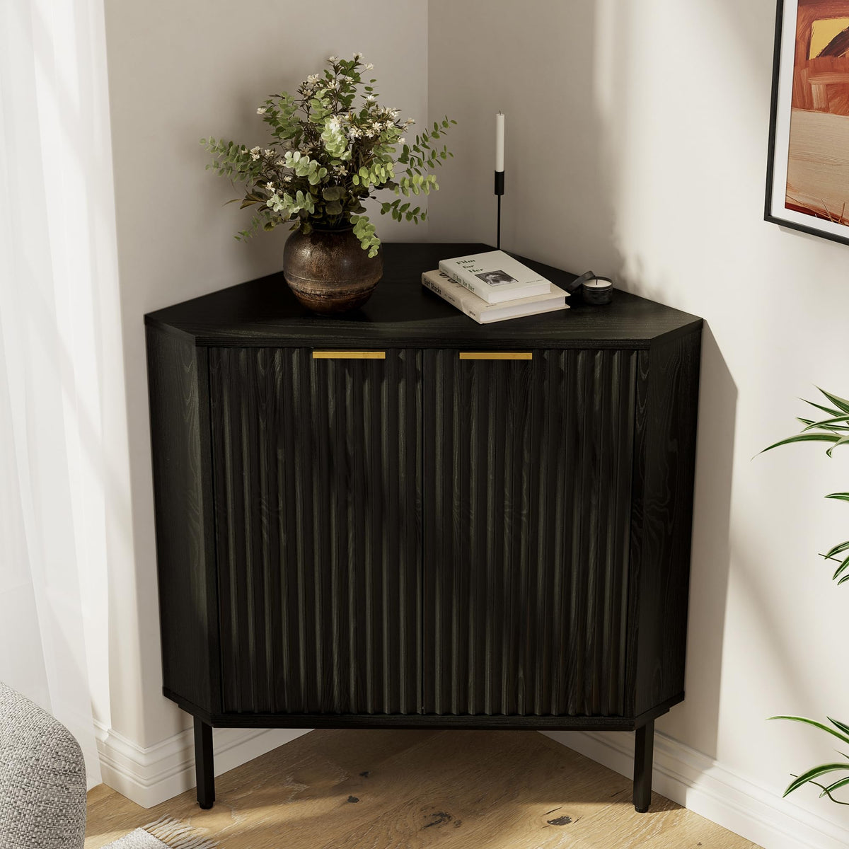 Fluted Corner Cabinet, Modern Small Floor Storage Cabinet with Adjustable Shelf, Wood Freestanding Narrow Organizer for Living Room Kitchen, Brown