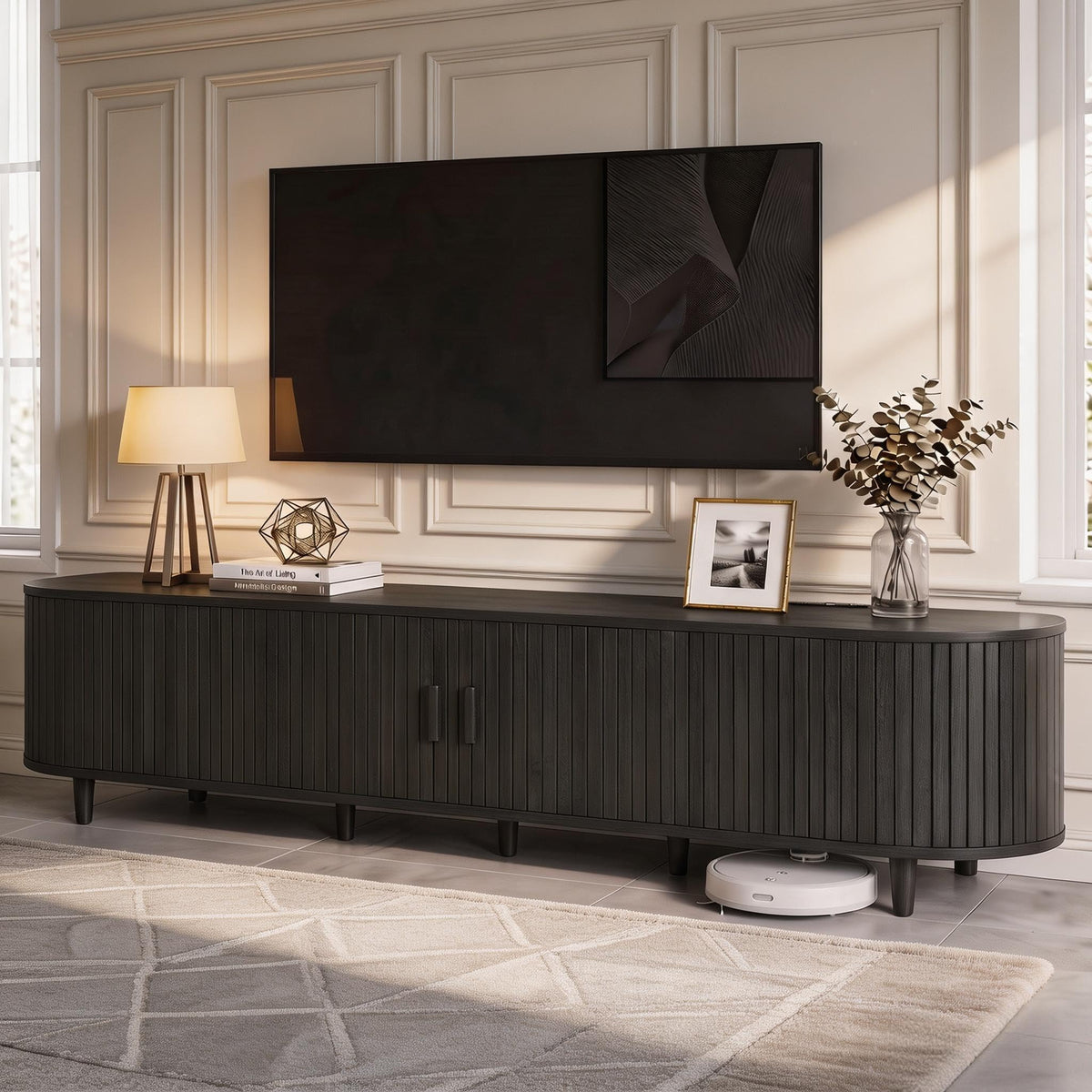 MXV 58" Mid-Century Modern TV Stand with Sliding Doors, TV Consoles with Power Outlet, Fluted Entertainment Center with Adjustable Shelves for Living Room