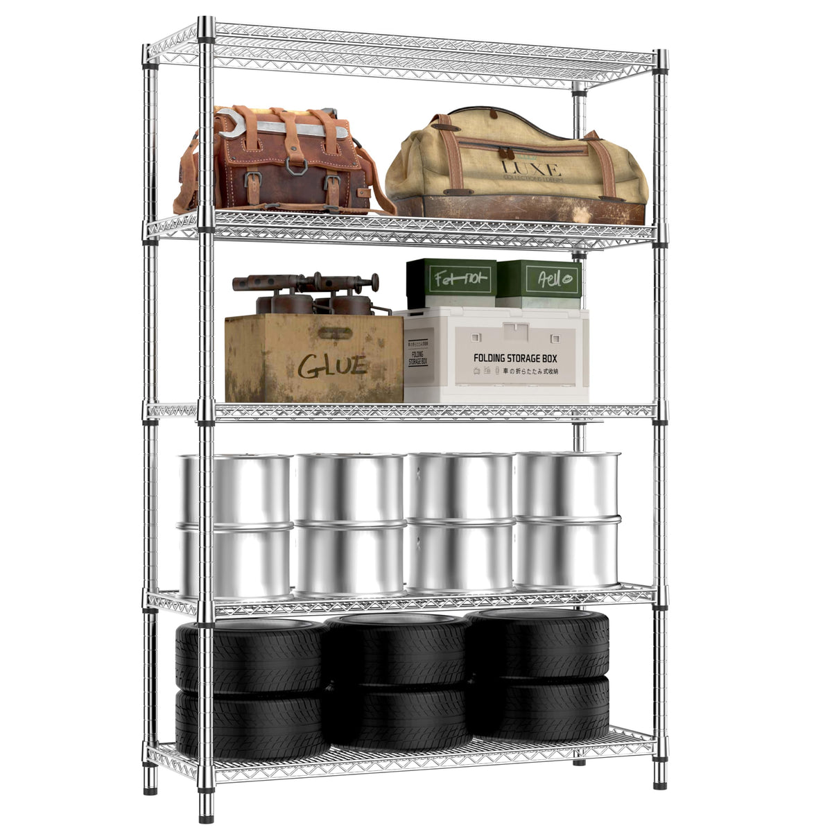 IZEUK 5-Tier Adjustable Heavy Duty Steel Wire Shelving Unit with Wheels, Storage Rack Organizer for Garage, Kitchen, Office, Laundry, Basement (Black, 17.7" D x 47.2" W x 76.7" H, 1750 lbs Capacity)
