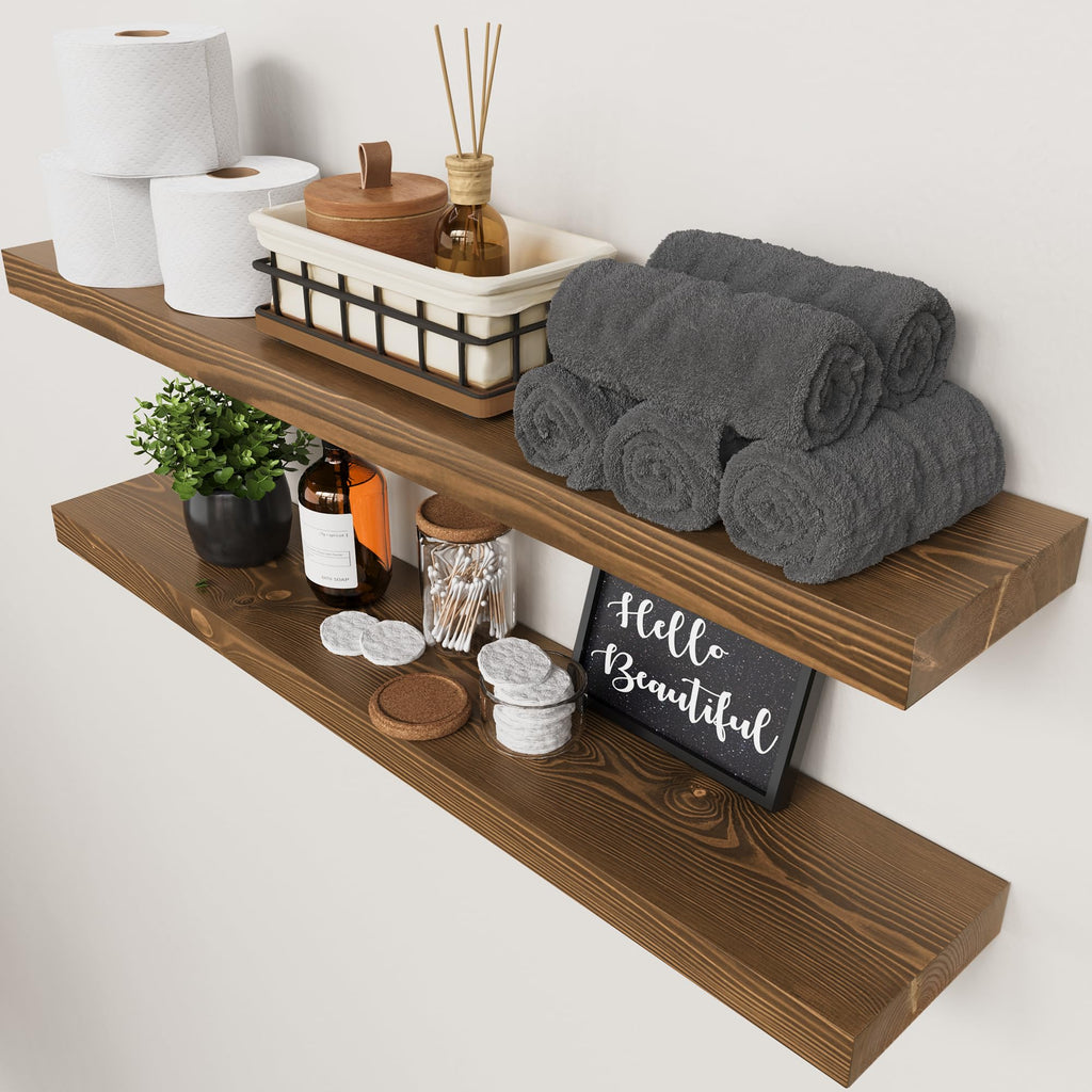 Solid Wood Floating Shelves for Wall 36 Inches Long, Walnut Wooden Shelf