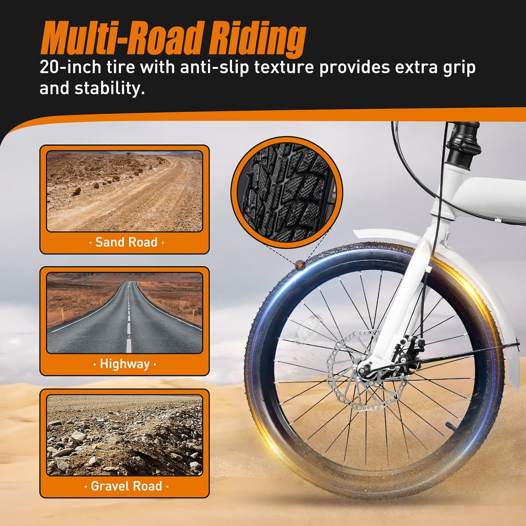20-Inch Folding Bike, Foldable Bike for Adults Adjustable Seat Height & Elevable Handlebars Store in The Trunk 7-Gear Transmission Front and Rear Disc Brakes for Traveling