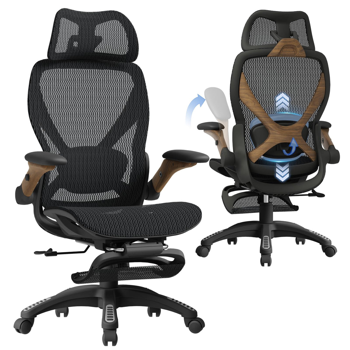 ELABEST X100 Ergonomic Mesh Office Chair with Footrest, Big and Tall Hone Desk Chair with 5D Flip-Up Arms, Adjustable 3D Lumbar Support,Gaming & Executive Computer Chairs