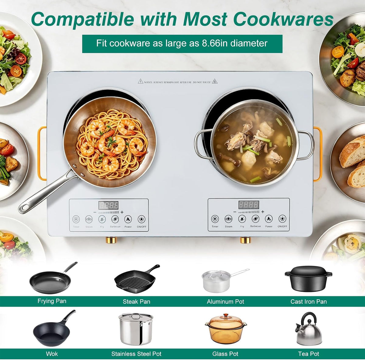 Electric Countertop Double Burner, 7000W Ceramic Cooktop with Crystal Glass Hot Plate & Stay Cool Handles, 12 Level Temperature Control, LED Display, Touch Control, Cooking Stove for Home Camping RV