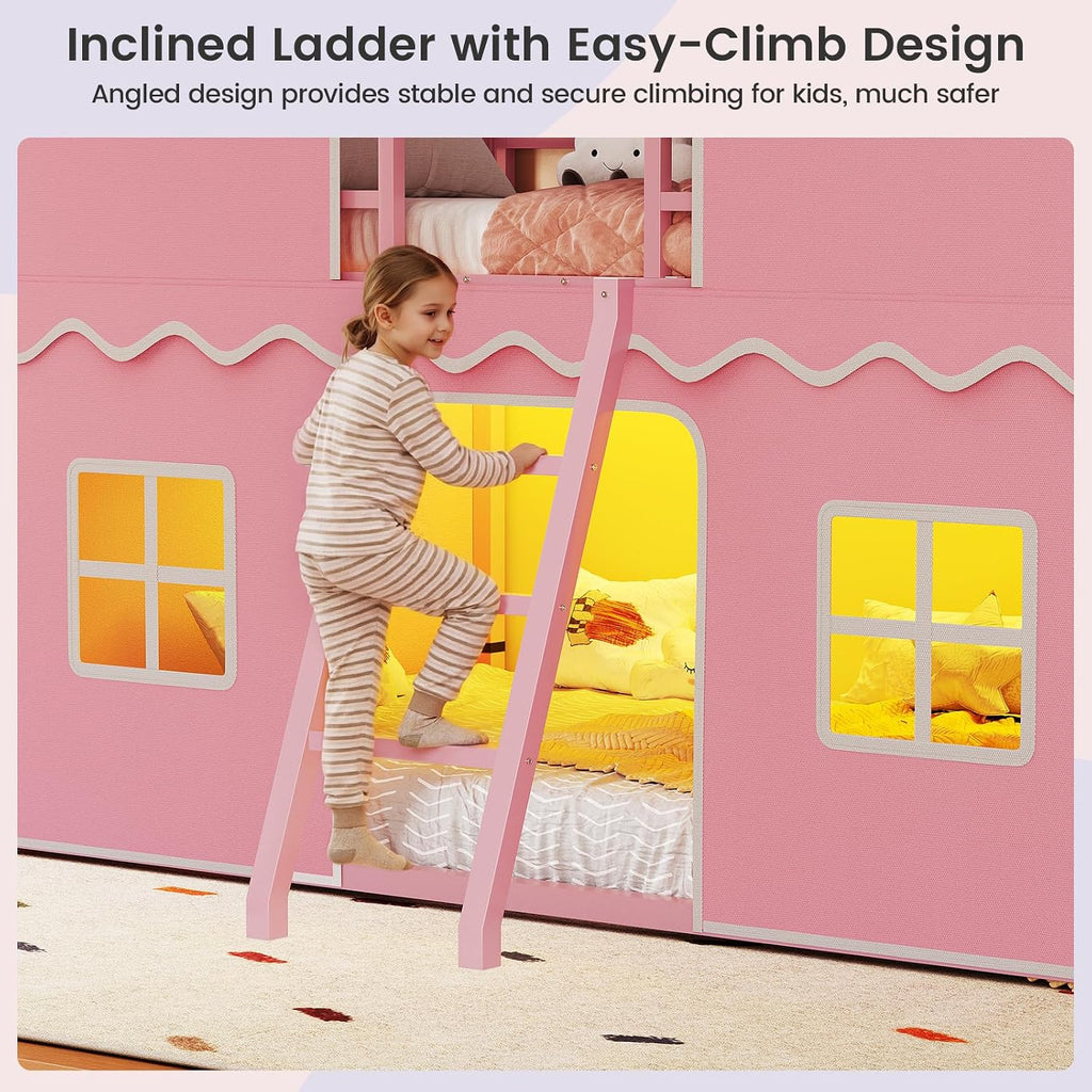 BTHFST Girls Bunk Bed Twin Over Twin, House Loft Bed with LED Lights
