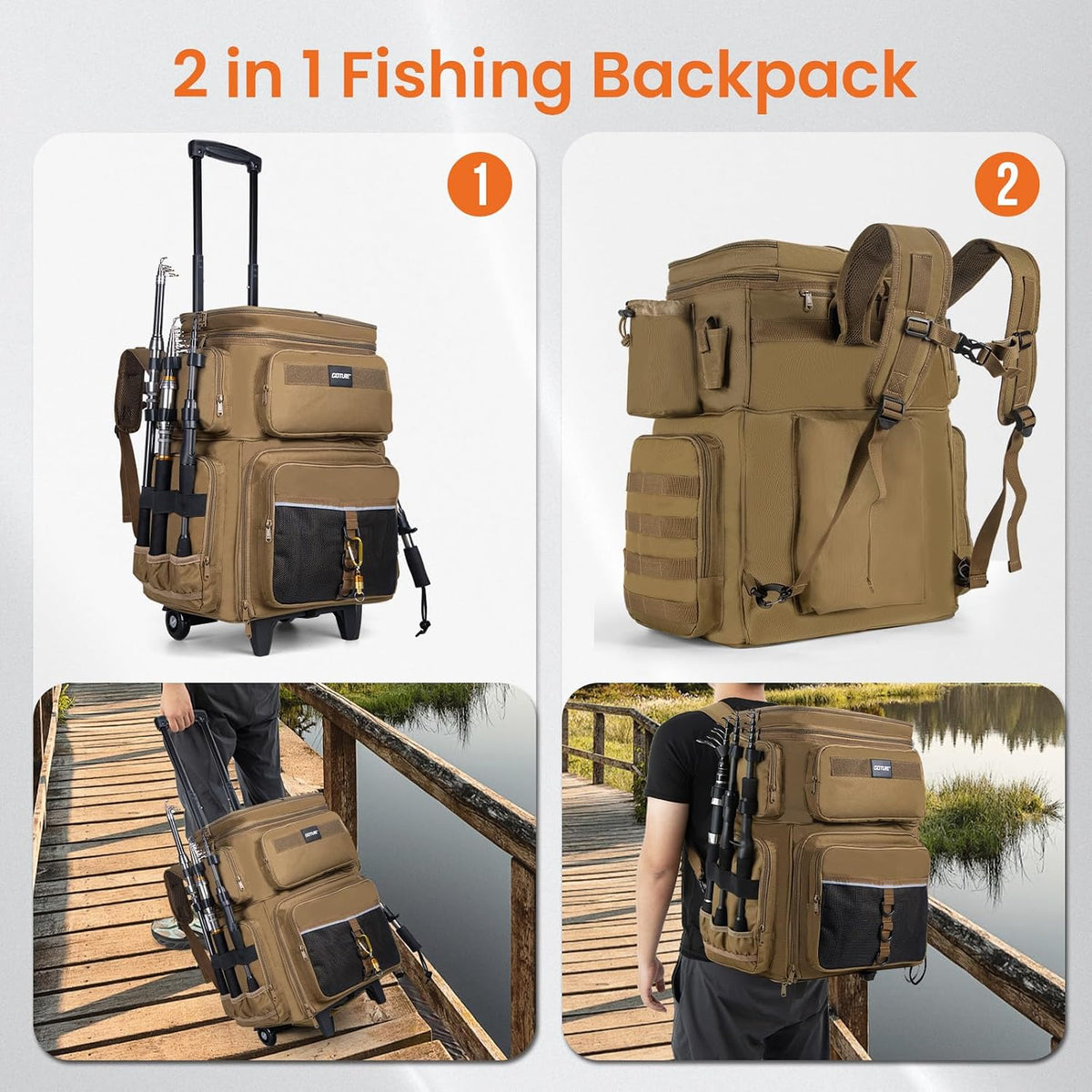 Goture 66L Rolling Tackle Box w/Cooler, Khaki Large Fishing Bag w/Wheels