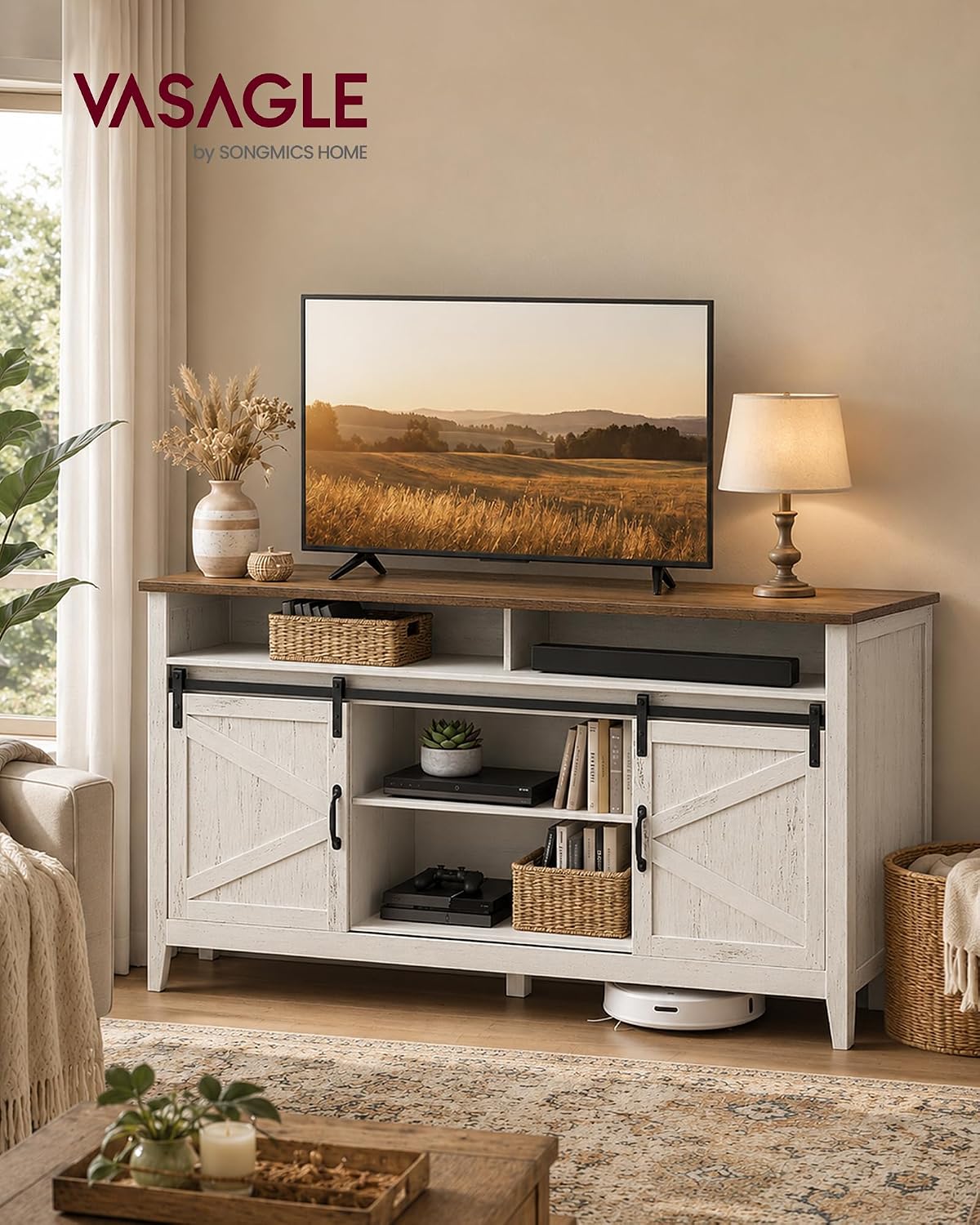 VASAGLE Tall Farmhouse TV Stand, Entertainment Center with Door for 65'' TV