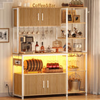 Itaar Bakers Rack with Power Outlet and LED Light, 45.3 Inch Farmhouse Coffee Bar Cabinet, Kitchen Microwave Stand with Storage, Glass Cabinet, Goblet Holder and 8 Hooks, Black