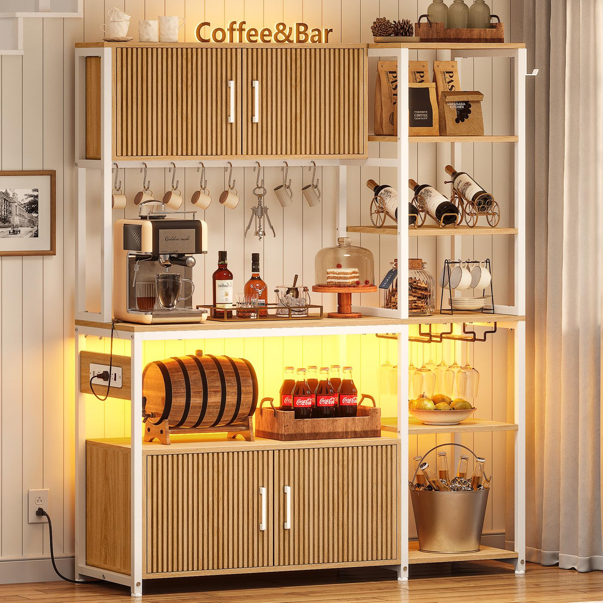 Itaar Bakers Rack with Power Outlet and LED Light, 45.3 Inch Farmhouse Coffee Bar Cabinet, Kitchen Microwave Stand with Storage, Glass Cabinet, Goblet Holder and 8 Hooks, Black