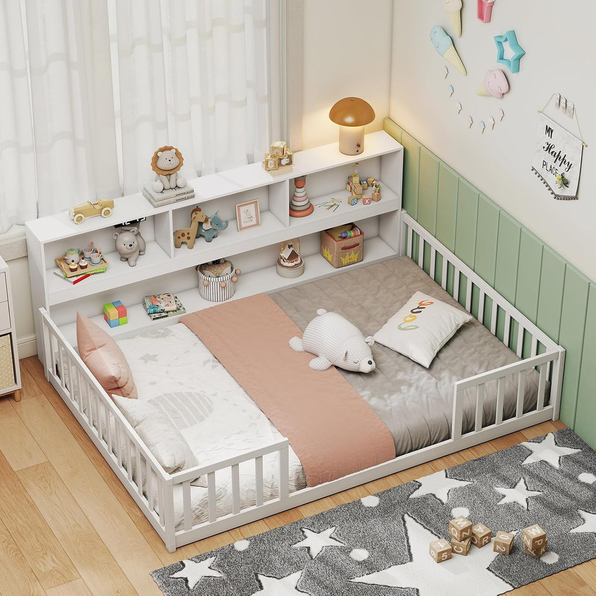 GIANTEX Full Size Floor Bed for Kids, Wooden Montessori Bed Frame with Bookcase, Storage Shelves & Safety Fence Rails, Floor Beds Full for Girls, Boys, No Box Spring Needed, Without Slats, White