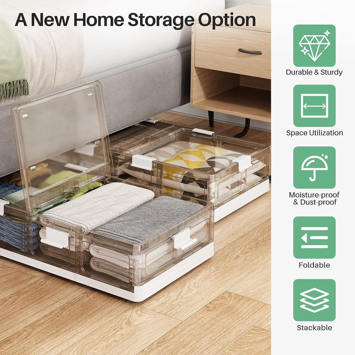 Kitstorack Plastic Under Bed Storage Containers,2 Pack Underbed Storage with Wheels,Foldable and Stackable Under Bed Organizer,Moisture and Dust-proof Storage Boxes for Clothes Shoes,13.6 Gal